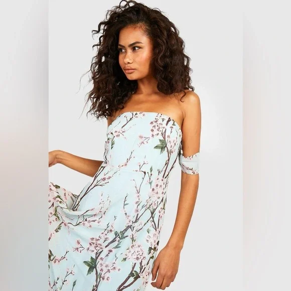 🆕 NWT Boohoo blue floral cherry blossom printed off the shoulder maxi dress - Picture 3 of 12